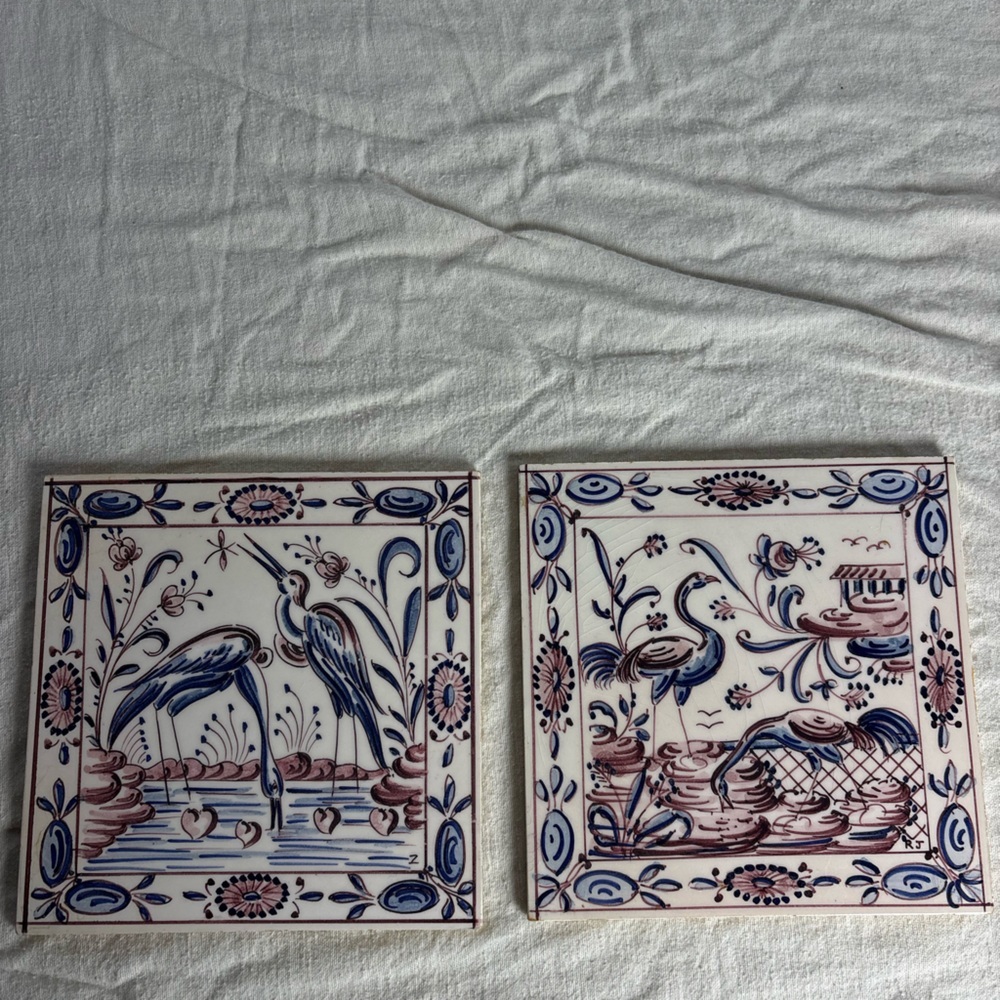 Vintage Portuguese Hand Painted Tiles Bird Motif Blue White Set of 2 Wall Decor